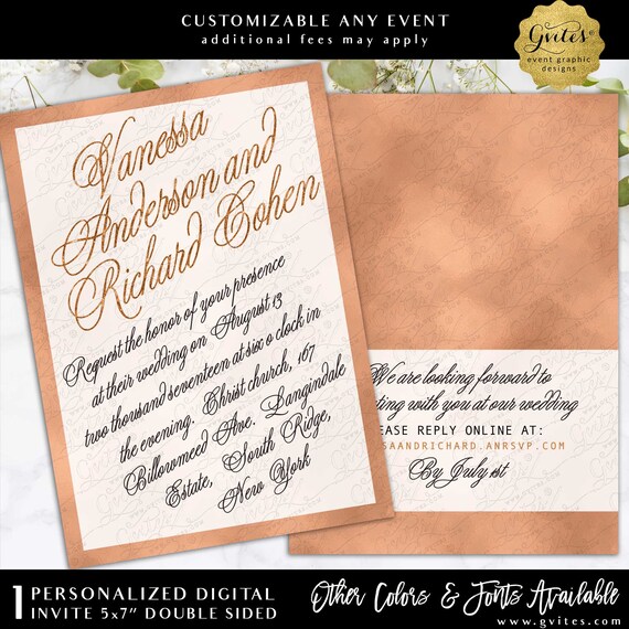 Rose Gold Foil Wedding Invitation | Bridal Modern Calligraphy 5x7" Double Sided.