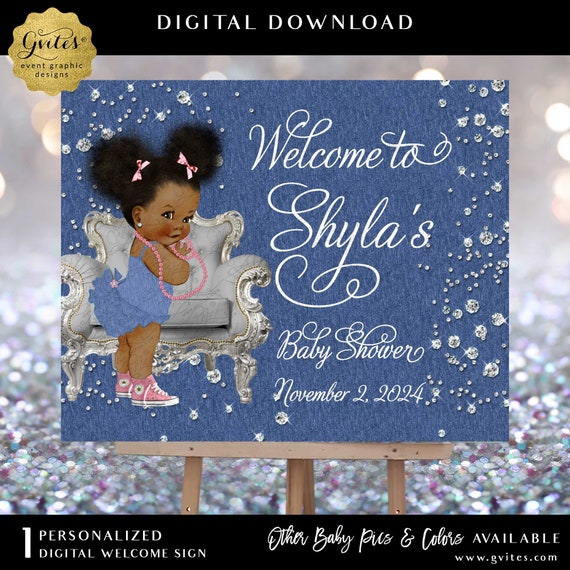 Denim & Diamonds Feathers Pink and Silver Afro Puffs Welcome Sign Printable/Digital
