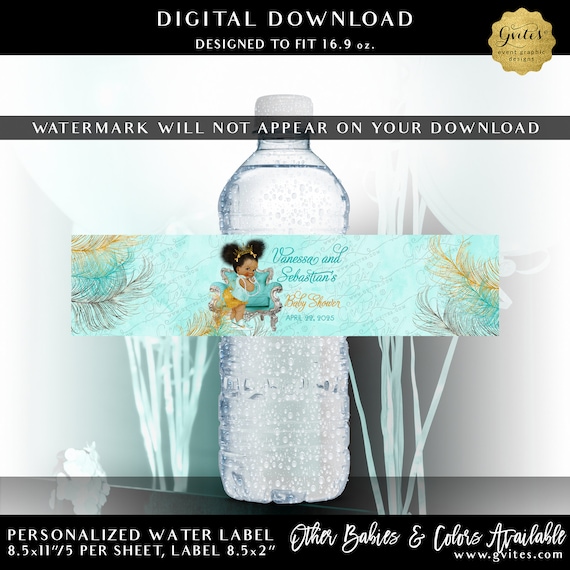 Water Bottle Labels 8.5 x 2"/5 Per Sheet | Sparkly Feathers Turquoise Blue & Lava Gold and Silver Afro Puffs Princess Baby Shower