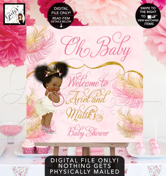 Oh Baby! Sparkly Feathers Pink & Gold Watercolor Afro Puffs Princess Baby Shower 48x48"