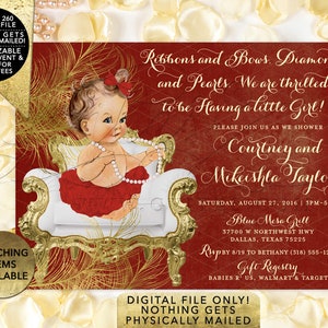 Red and Gold Baby shower invitations African American ribbons bows diamonds pearls/ vintage girl tutu invite digital. 7x5 Gold Feathers image 2