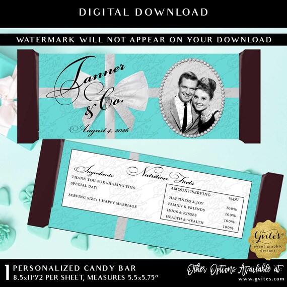 Personalized Audrey Hepburn Candy Bar Wrappers Wedding Shower Blue Party Favor Decor | Digital Download