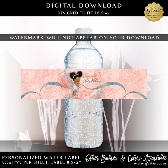 Water Labels | Glittery Feathers Coral and Silver Afro Puffs Princess 8.5x2"