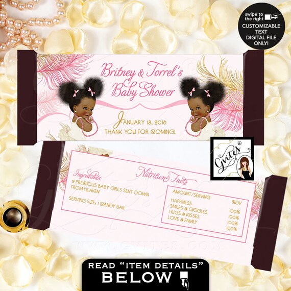 Rose-Pink Blush & Gold Twins Candy Bar Wrapper Party Favors.