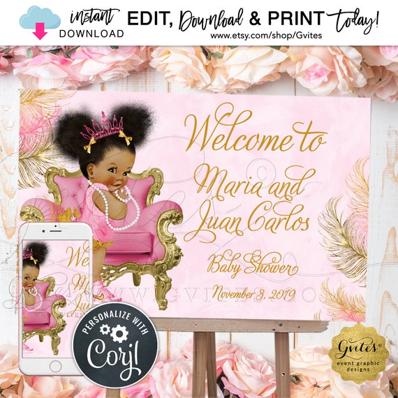 Welcome Princess Pink & Gold Baby Shower Poster Sign | Edit w/Corjl Today! {Can Print Size(s): 36x24" / 18x12"}