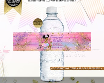 May include: A clear plastic water bottle with a decorative label measuring 8 x 2 inches. The label features a pink and blue watercolor background, gold feather illustrations, and a graphic of a baby in a tutu. Text reads: Carmen and Michael's Baby Shower MARCH 9TH, 2019.