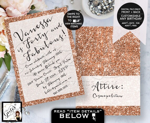 Rose Gold Birthday Invitation Forty Fabulous Printable Party Rose Gold Birthday Invitation Forty Fabulous Printable Party