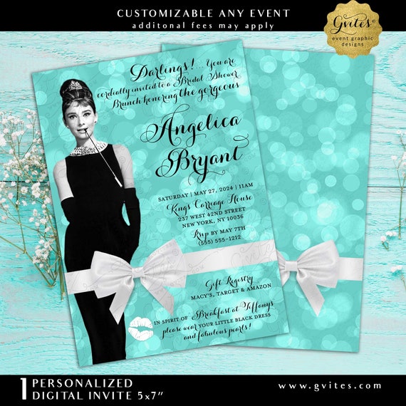 Breakfast Bridal Shower Brunch Invitation | Audrey Hepburn Party Theme | Digital PDF + JPG 5x7 Double Sided.