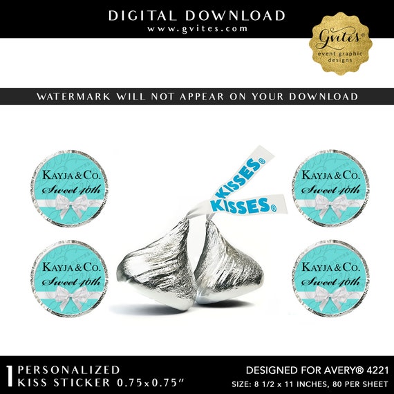 Sweet 40th Birthday Hershey kiss stickers Name & Co Party Printable Favors 0.75x0.75"