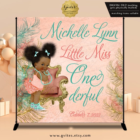 Little Miss Onederful Mint Coral & Gold Backdrop Watercolor Grunge Feathers/Glitter by Gvites