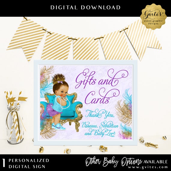 Gifts and Cards Sign | Turquoise Teal Lavender Purple & Gold Printable Party Table Decorations | Ethnic Baby Afro Puffs | 8x10" JPG + PDF