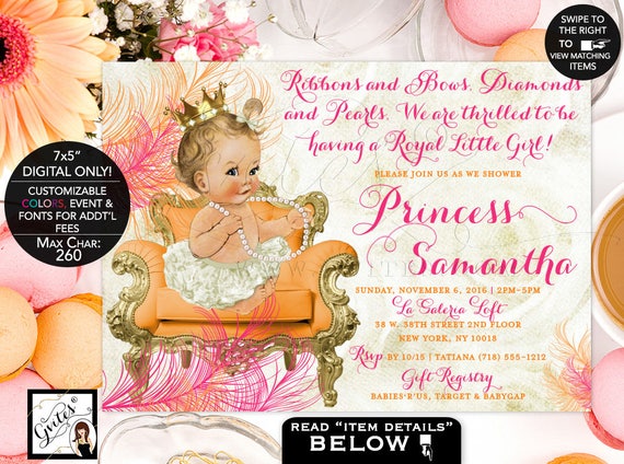 Princess Baby Shower Invitation Hot Pink Ivory Orange & Gold  | JPG + PDF | Printable 7x5"