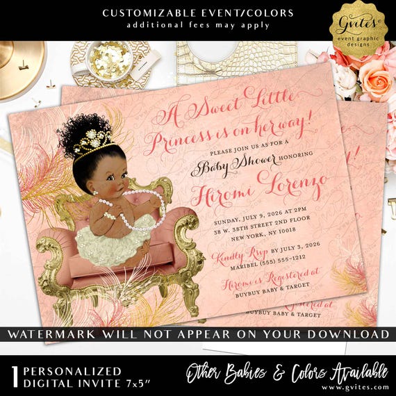 Custom Coral and Gold Baby Shower | African American Princess Invitation | 7x5" Digital Download