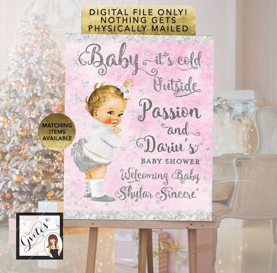 Pink and Silver Welcome Baby It's Cold Outside Poster | Winter Theme Baby Shower Printable | 8x10" and 16x20" Digital Files