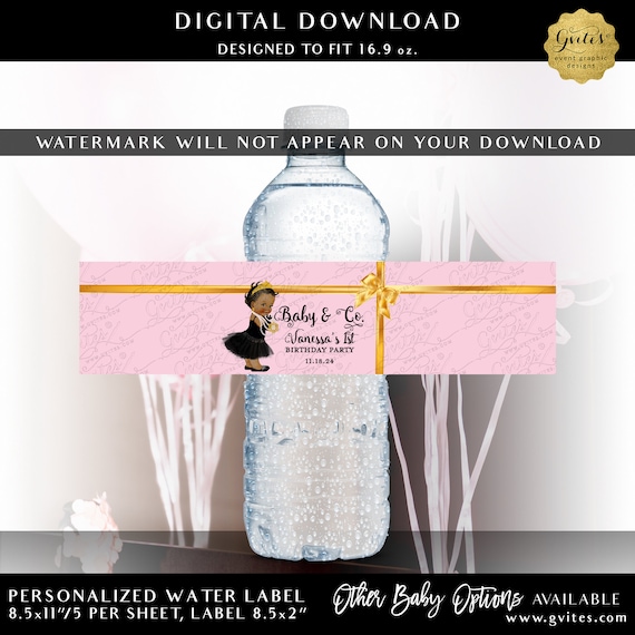 1st Birthday Audrey Hepburn Water Bottle Labels Party Favors Thank You Gifts | Rose Pink Gold Ribbon | Digital File JPG + PDF