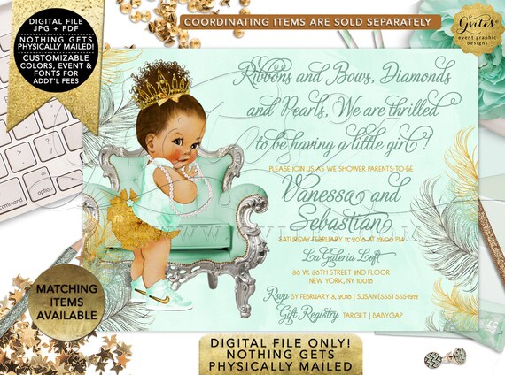 Mint Green Silver Princess Baby Shower Printable Invitation.