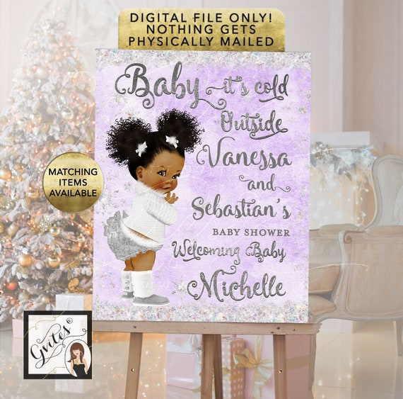 Afro Puffs Theme Winter Theme Welcome Sign Lavender and Silver Glitter Snowflakes Bling Decor | 8x10" and 16x20" Digital Files
