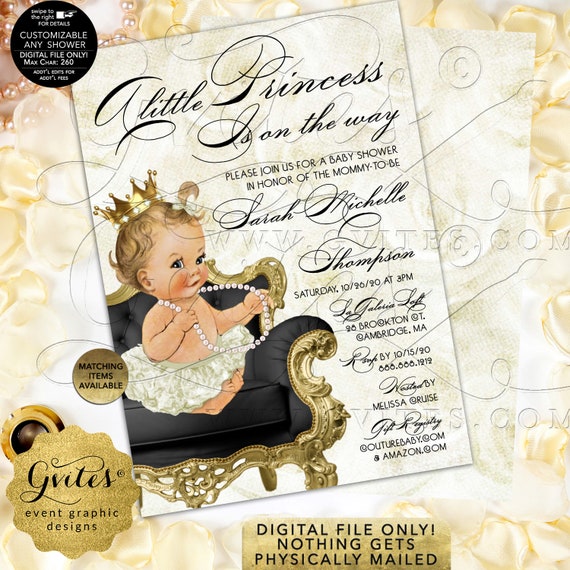 Ivory Gold Princess Baby Shower Invitation Digital PDF + JPG | Design: WHRST-102 By Gvites