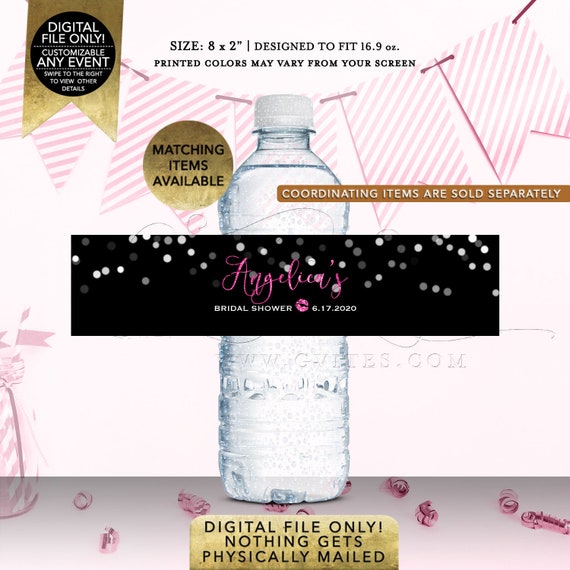 Pink Black Bridal Shower Water Labels, Glitter and Silver Bottle Stickers, glitz & glam, {3.75x4.5"/4 Per Sheet} By Gvites