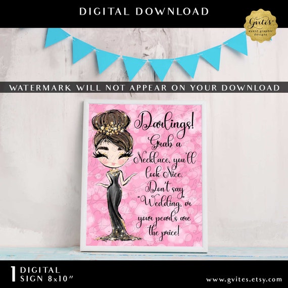 Don't Say Wedding Printable Bridal Shower Pearl Necklace Game Sign. Audrey Hepburn Theme | 8x10" JPG + PDF Instant Download