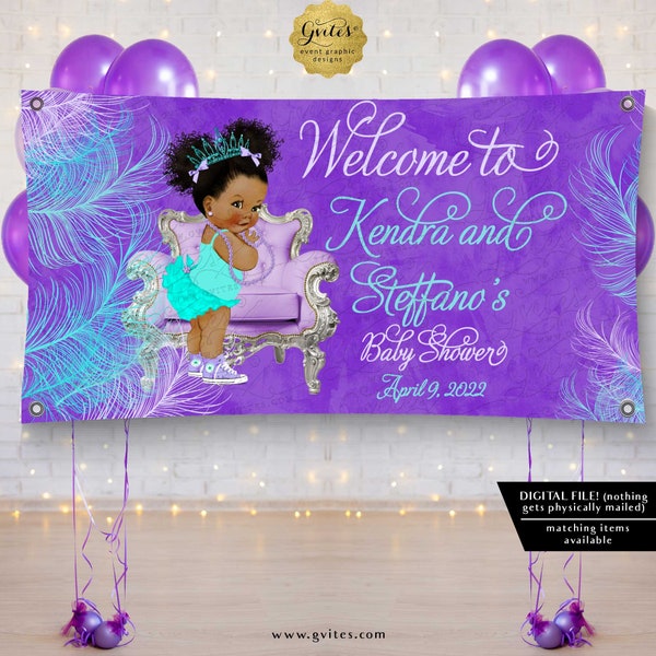 Afro Princess Vinyl Banner Backdrop Baby Shower | Violet Purple Aqua Blue Lilac Watercolor Feathers | 6x4' Feet Wall Background Printable