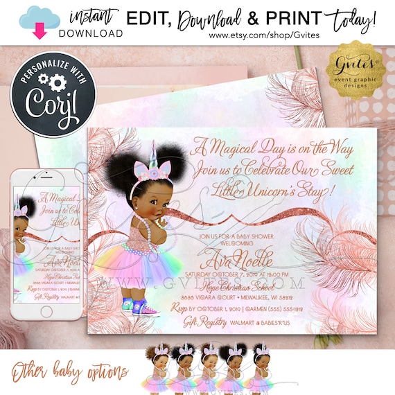 Unicorn Princess Baby Shower Rose Gold | Magical Day | Printable Digital | Instant Download Invitation 7x5"