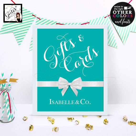 Gifts & Cards Breakfast Blue Table Sign with personalized message: Thank you Darlings Leave Wedding Cards Here