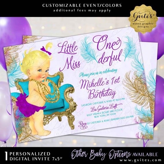 Onederful Invitation Turquoise Purple Grape Gold Watercolor Feathers First Birthday by Gvites