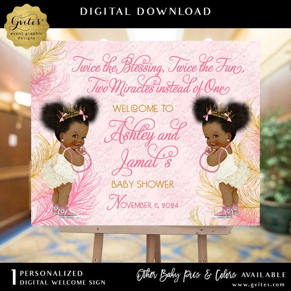 Twins Welcome Pink & Gold Sign Princess African American Girl Afro Puffs