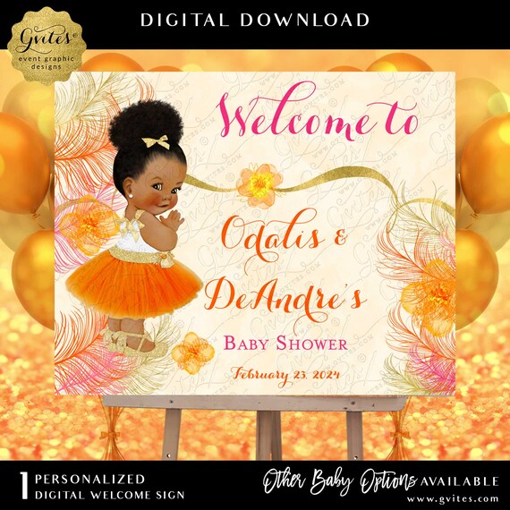 Printable Welcome Sign Bright Orange Gold & Pink Ballerina Baby Shower | Digital File JPG + PDF