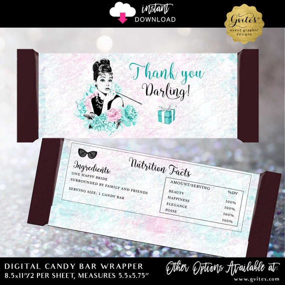 Bridal Shower Candy Bar Wrappers Audrey Hepburn | Blue Breakfast at Decorations | Printable Bridal Party Favor Gifts | Instant Download