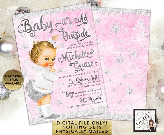 Pink & Gold Winter Theme Baby Shower Baby Girl Printable Invitation