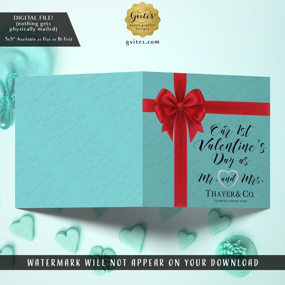 Turquoise Blue & Red - Personalized First Valentine's Day as my Husband Folded Greeting Card 5x5" Digital