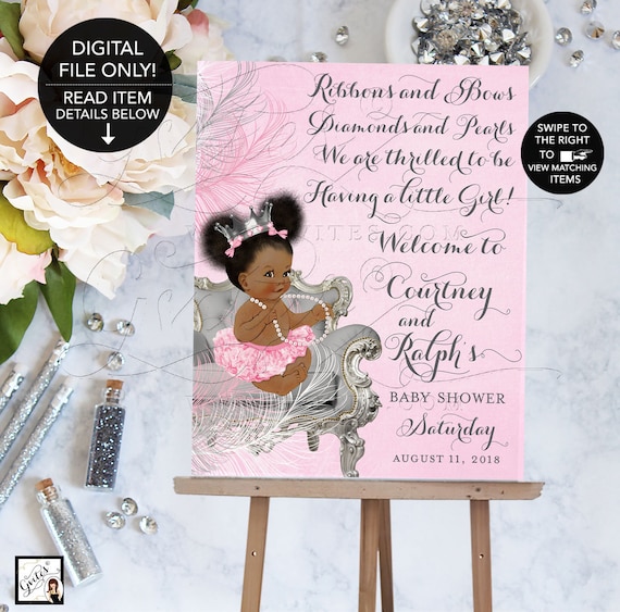 Printable Welcome Sign Princess Royal Baby Shower Pink & Silver Feathers