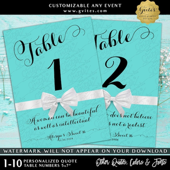 Custom Table Quote Numbers 1-10 Sweet Sixteen Personalized Audrey Quotes or Use Your Own | 5x7" Digital Download