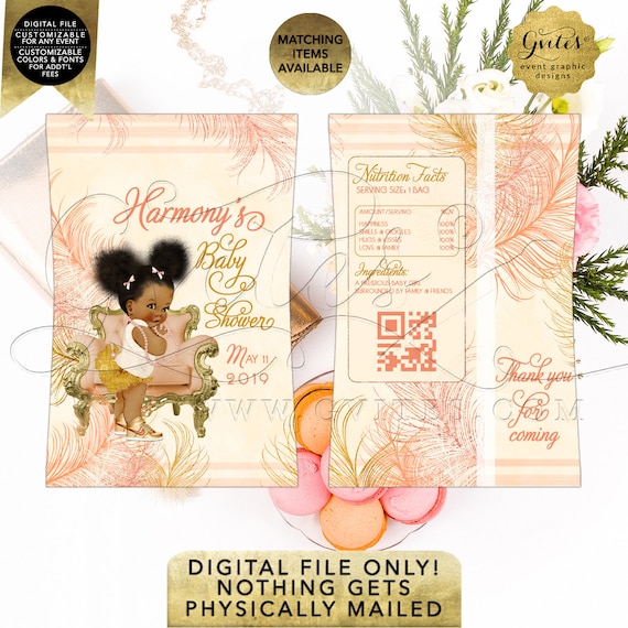 Pastel-Peach/ Coral/ Blush/ Gold/ Ivory | Chip Bag Printable Baby Shower Party Favors | Afro Puffs/ Personalized Gifts {RAPCH-119}