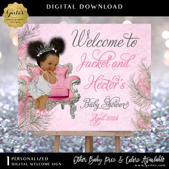 Welcome Poster Decoration | Glittery Feathers Pink and Silver Afro Puffs Princess Baby Shower Sign