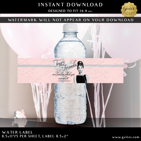 Water Label Printable Audrey Hepburn Quote: "True friends are families which you can select" | Instant Download 8.5x2"/5 Per Sheet