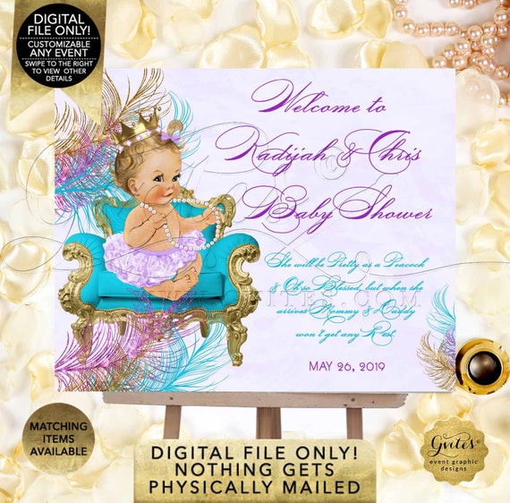 Lavender/Gold/Turquoise Baby Shower Welcome Sign Peacock Party Decorations Princess Vintage Girl | Digital PDF + JPG