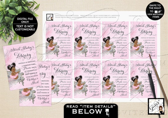 Book Request Pink & Silver Baby Shower Printable/ Ribbons Diamonds Pearls INSTANT DOWNLOAD 3.5x2.5 8 Sheet. {African Amer Baby: Dark/ Puffs}