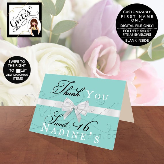 Sweet Thank You Cards Folded, Breakfast at and co theme, blue and white bow, Blank Inside, Printable, Digital File. 5x3.5" 2 Per/Sheet