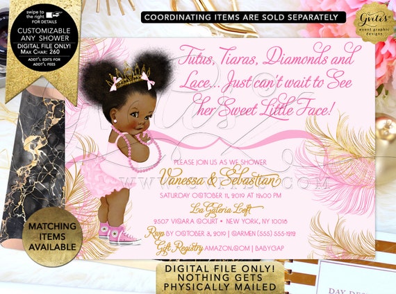 Pink and Gold Invitation Princess Baby Shower Tiara African American/ Diamonds pearls/ Afro Puffs. Gvites