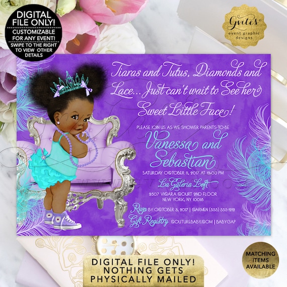 Baby Shower Invitations | Afro Princess Violet Purple Aqua Blue Lilac Watercolor Feathers | Tiaras Tutus Diamond Lace 7x5" by Gvites