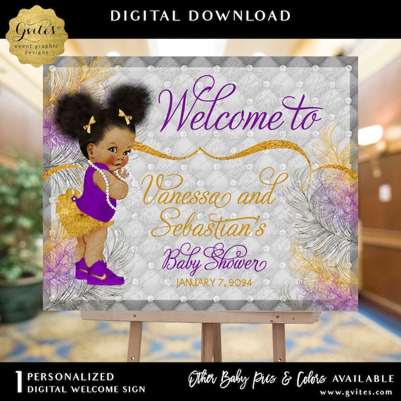 Baby Shower Welcome Sign/ Gold & Purple Silver Princess Baby/ Vintage African American ethnic Baby Afro Puffs Bun High Tops