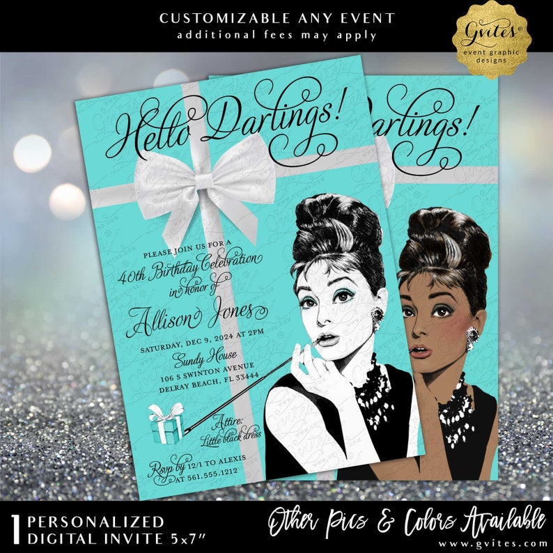 Personalized Water Bottle Labels Audrey Hepburn 30th Birthday Party Breakfast at Blue Theme Digital Download 8.5x2 image 6