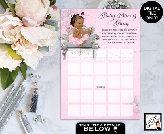 Baby Shower Printable Bingo Card | Shabby Chic Pink and Silver Digital Download.