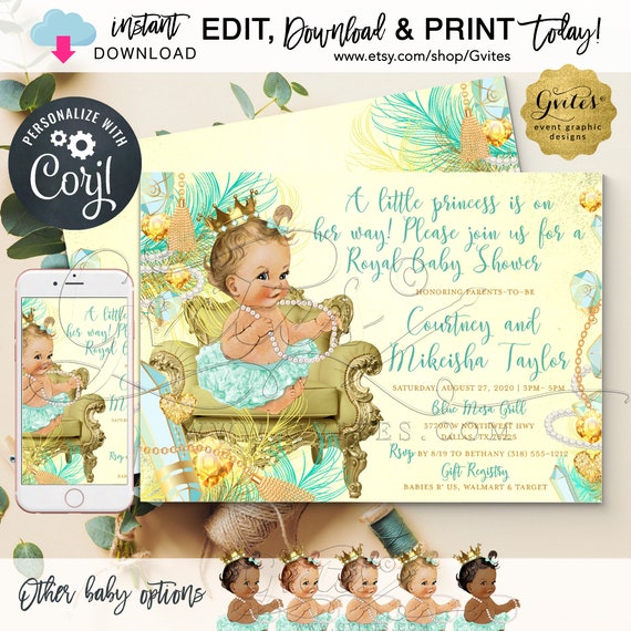 Mint & Gold Diamonds and Pearls Baby Shower Princess Printable Invitation / Vintage INSTANT DOWNLOAD. Editable text. 7x5" Double Sided.