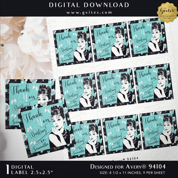 Printable Thank You Audrey Hepburn Party Favor Labels/Stickers 2.5x2.5 Design For Avery® 94104
