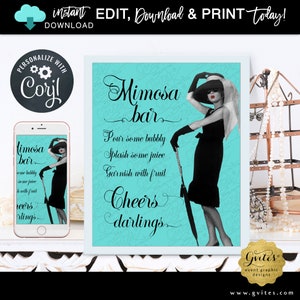 May include: A digital sign with a bright turquoise background featuring black text that reads Mimosa bar, Pour some bubbly, Splash some juice, Garnish with fruit, Cheers darlings. A black and white illustration of a person in a black dress.