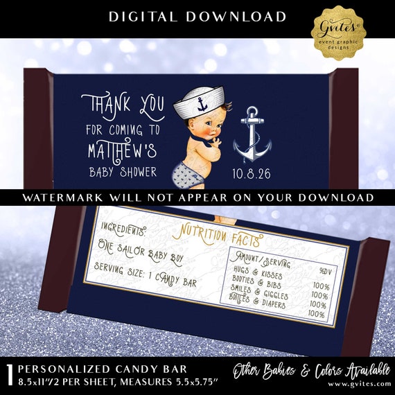 Nautical Baby Shower Chocolate Candy Bar Wrapper | Navy Blue and White Printable